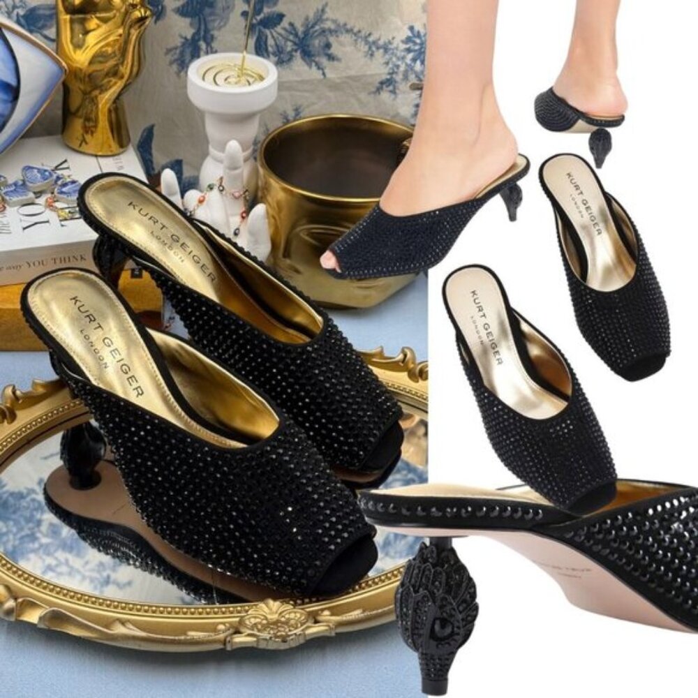 🆕 KURT GEIGER LONDON 🧿 NWOB 60mm Black Crystal Eagle Heel Mule, Sz 36.5 US6.5